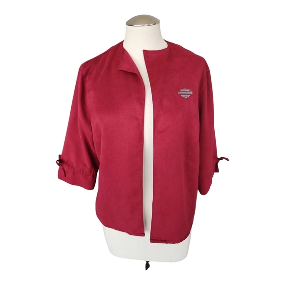 Harley-Davidson Women’s Red Open Front Jacket Size L Logo Embroidered 3/4 Sleeve - Picture 2 of 6